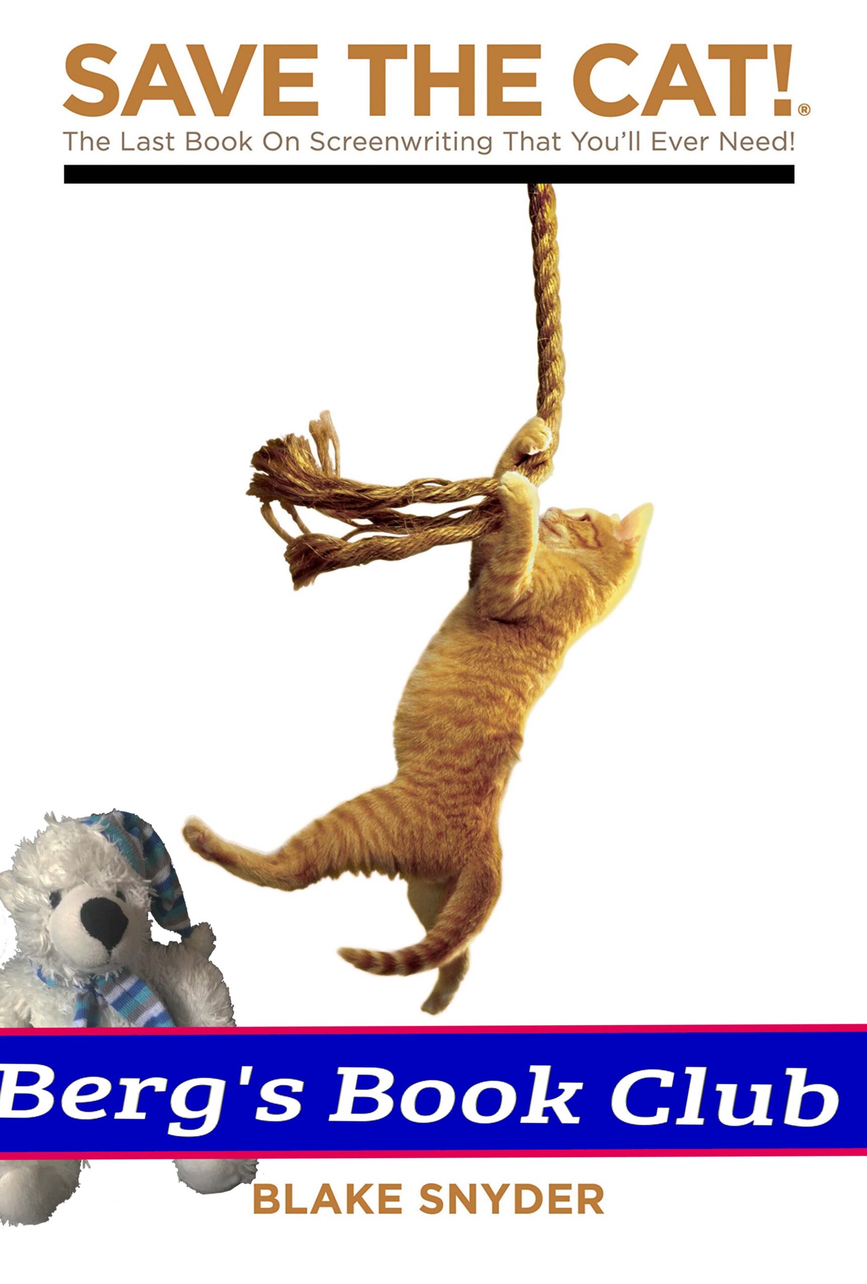 Save the Cat Book cover. Cat on Rope Swing. Banner reads: Berg's Book Club. Berg the polar bear teddy is underneath the cat. Cat inches away from kickig him