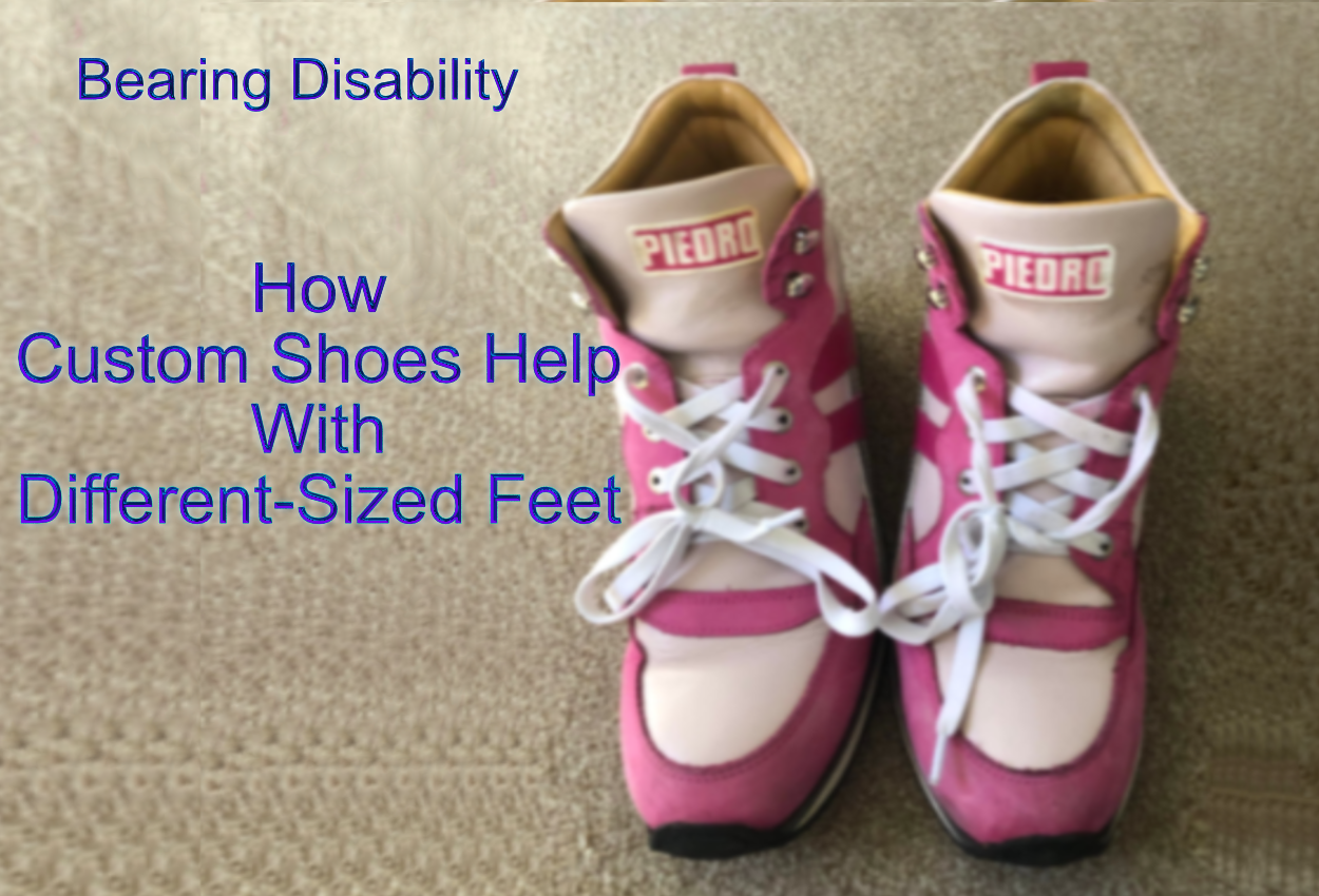 A pair pink of shoes with the post title: Bearing Disability how custom shoes help different-sized feet