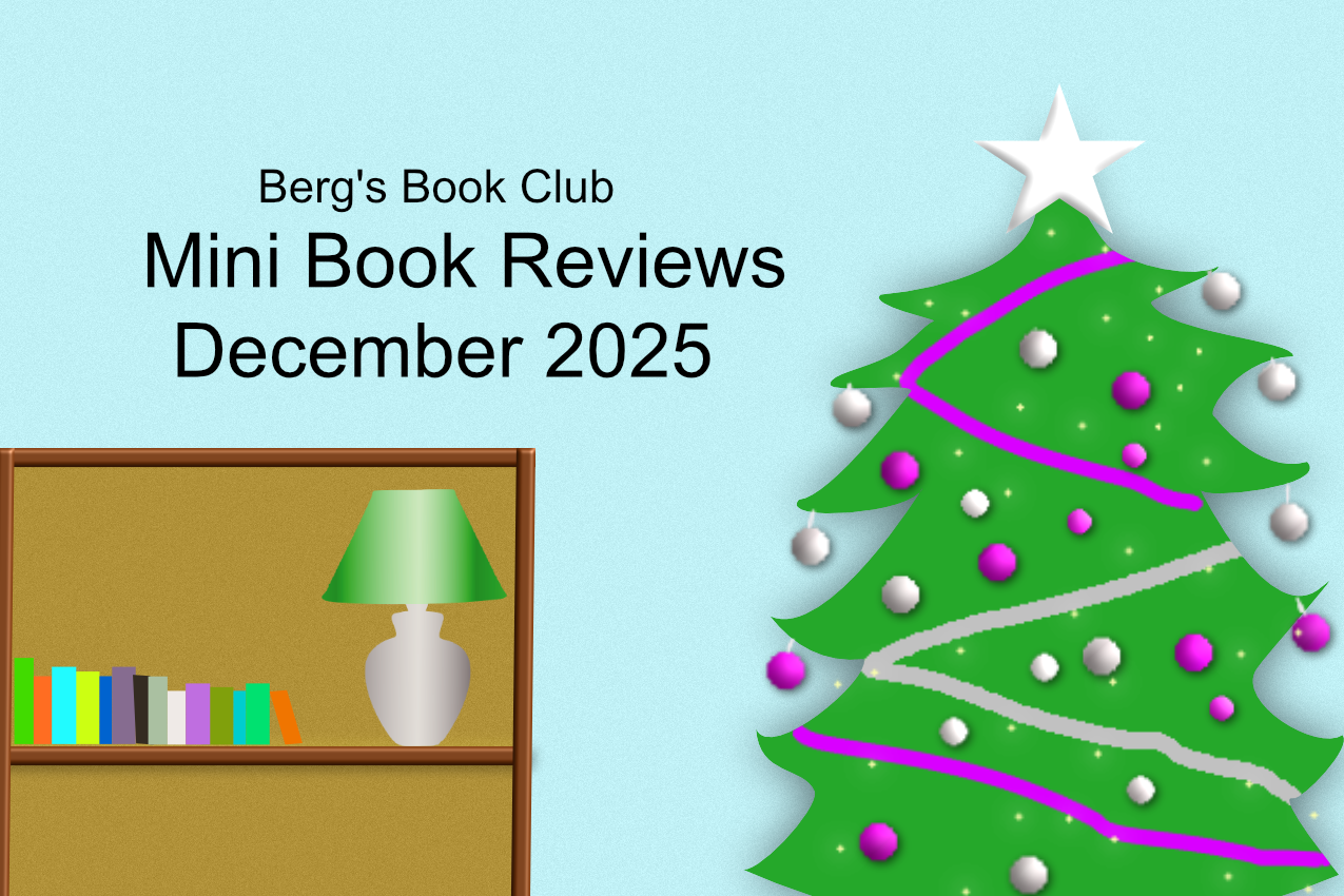 Mini book reivews feature image - has a christmas tree and mini books on a bookshelf beside a lamp.